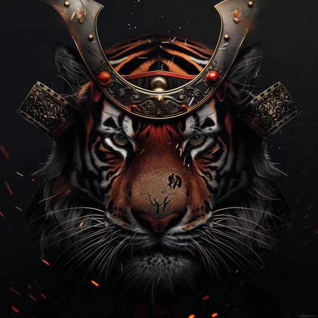 Photo a tiger wearing a golden samurai helmet its fierce expression captured in a closeup view