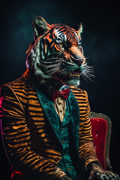 A tiger wearing a suit and bow tie sits in a chair.