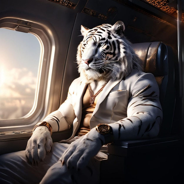 a tiger wearing a suit sits in an airplane with a man wearing a suit and tie