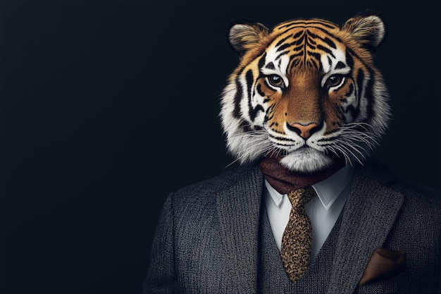 A tiger wearing a suit and tie posing against a dark background