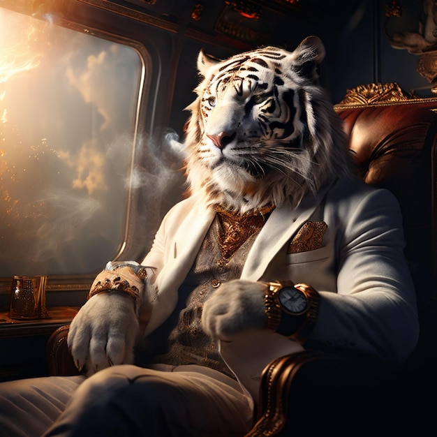 a tiger wearing a suit and tie sits in an airplane