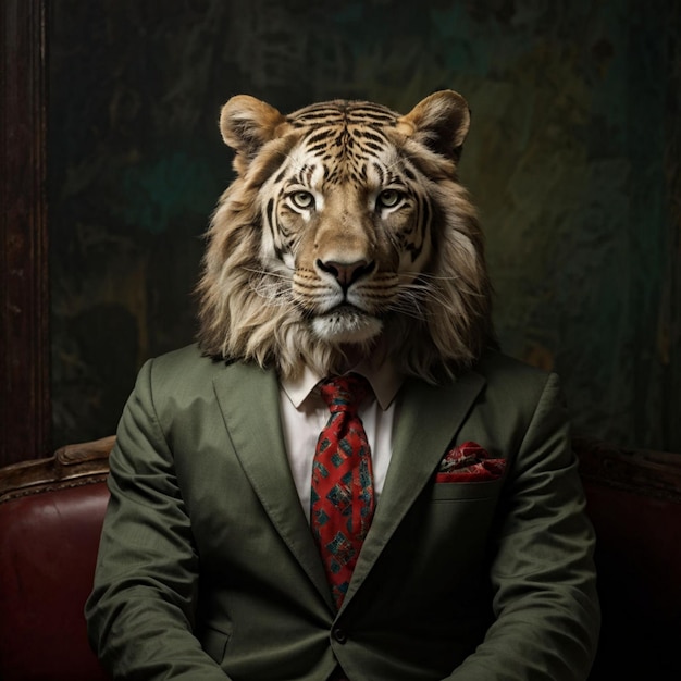 Photo a tiger wearing a suit and tie sits in a chair