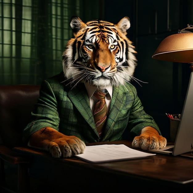 a tiger wearing a suit and tie sits at a desk with a laptop and a lamp