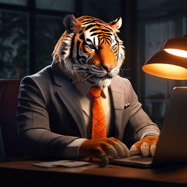 Photo a tiger wearing a suit and tie sits at a laptop