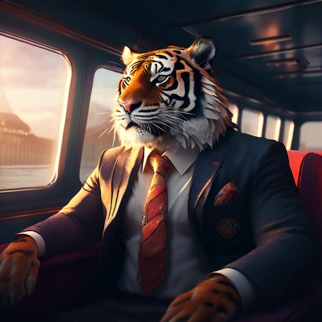 a tiger wearing a suit and tie sits in a vehicle