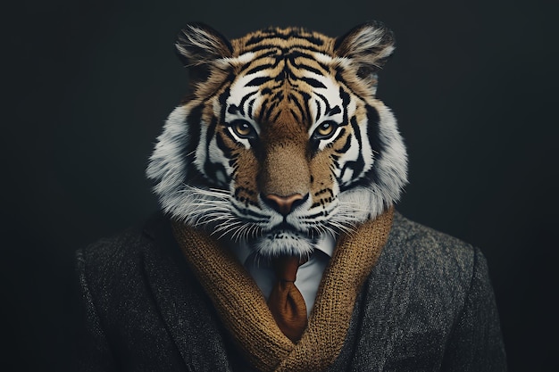 Photo a tiger wearing a suit and tie stares intensely at the camera