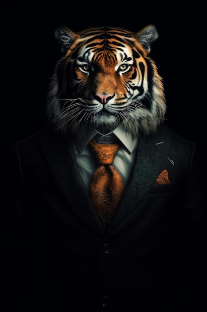 A tiger wearing a suit and tie that says'tiger'on it