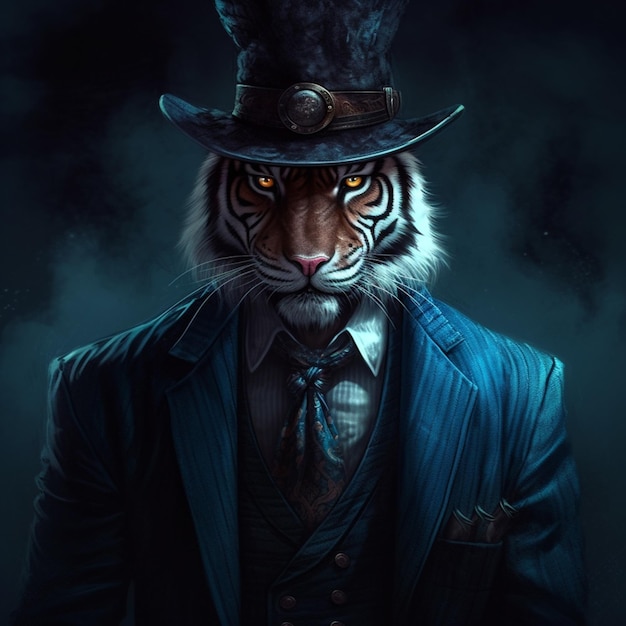 A tiger wearing a top hat and a top hat.