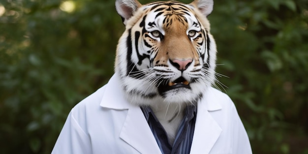 A tiger wearing a white coat and a white coat is standing in front of a green background.