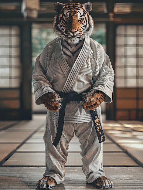 Tiger in a White Karate Gi Ready to Strike