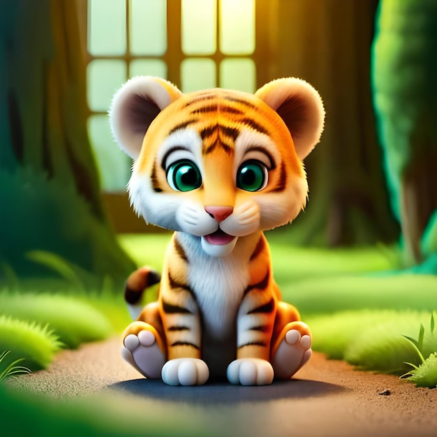 A tiger with big eyes sits in a forest.