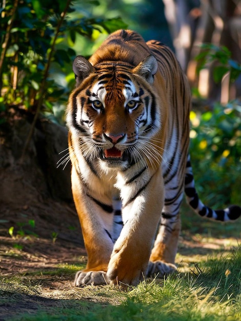 a tiger with a big mouth is walking on the grass