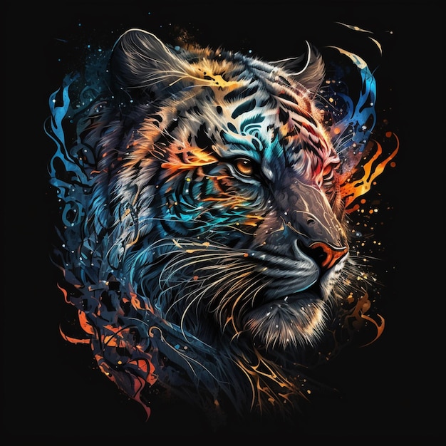 A tiger with a black background and a blue and orange tiger face.