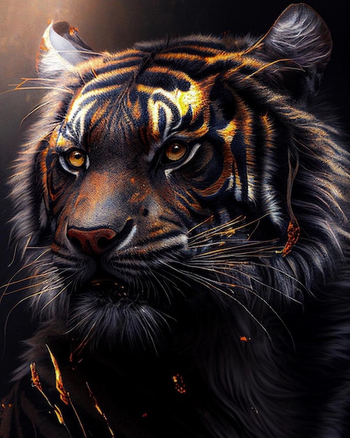 A tiger with a black background and orange eyes