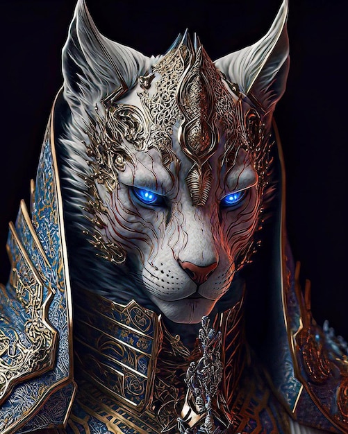 A tiger with blue eyes and a gold and silver head.