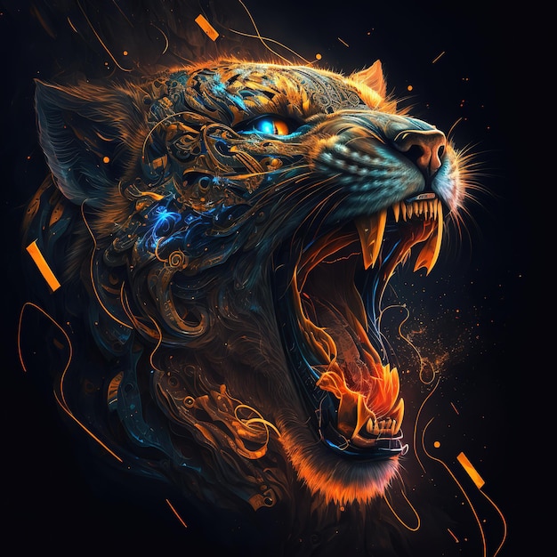 A tiger with blue eyes is shown with flames on the face.