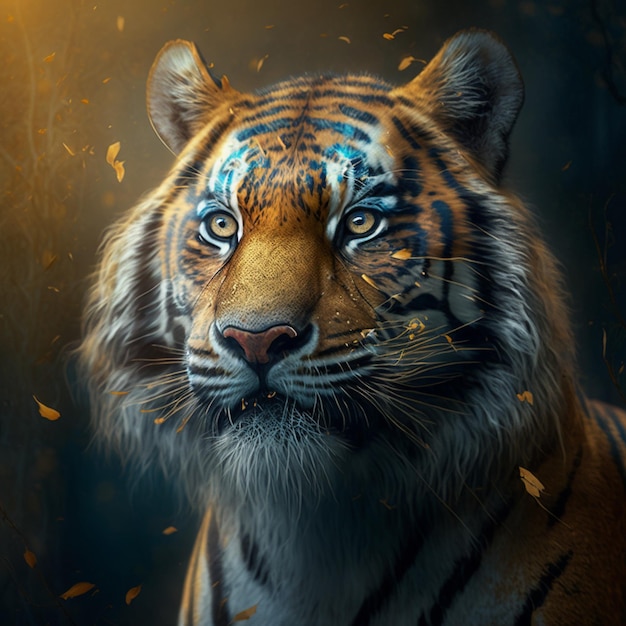 A tiger with a blue and yellow pattern on its face ai generated