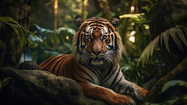 A tiger with a bow on its neck sits in a jungle Generative AI