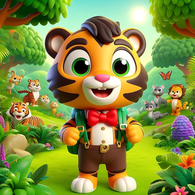 a tiger with a bow tie is standing in a jungle with other animals