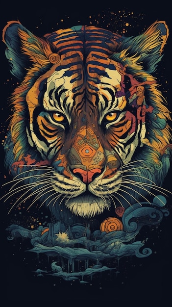 A tiger with a colorful background and a blue eye.