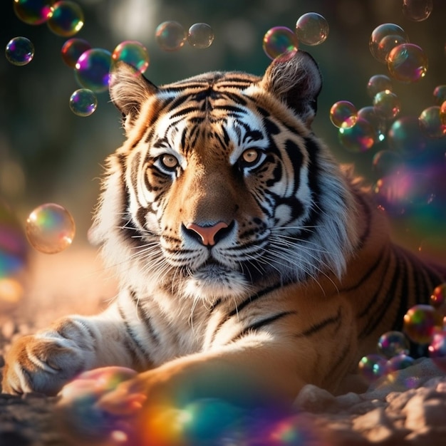 A tiger with a colorful background that says'tiger'on it