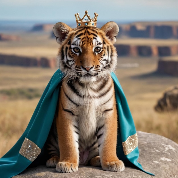 a tiger with a crown on its head sits on a rock