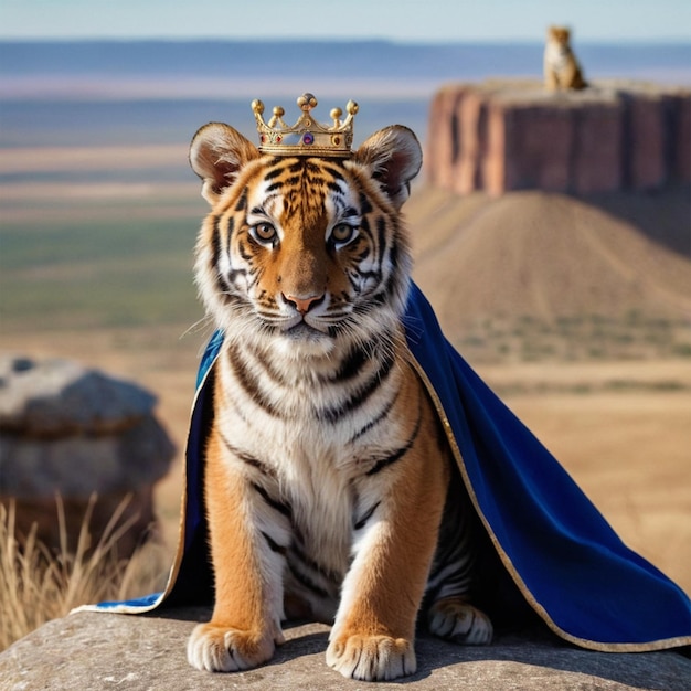 a tiger with a crown on its head sits on a rock