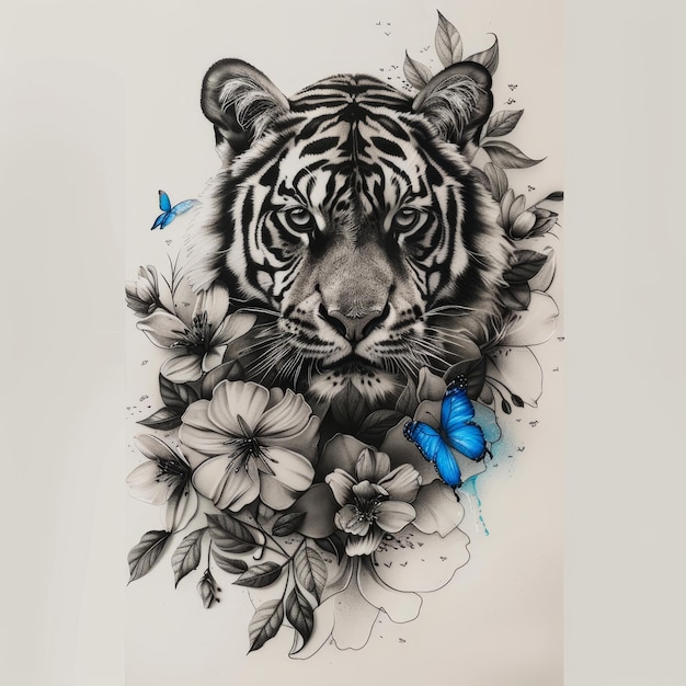 Tiger with flowers and butterflies Hand drawn illustration for your design