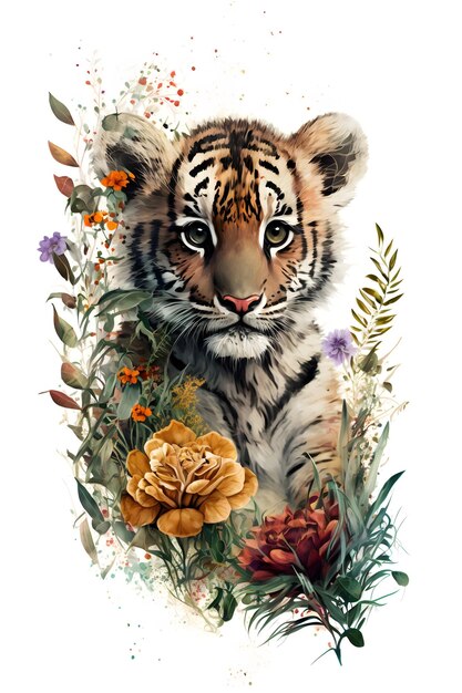 A tiger with flowers in it is in a watercolor style