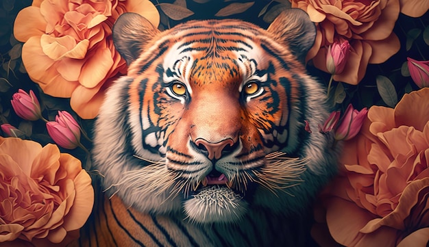 A tiger with flowers on it