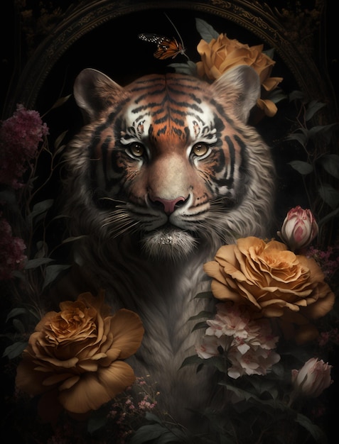 A tiger with flowers in it