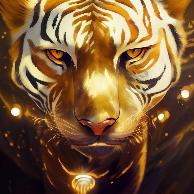 A tiger with a gold eye and a black and white tiger face.