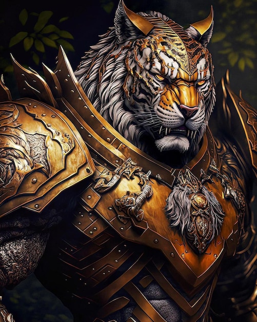 A tiger with a golden collar and a gold chain on his chest.