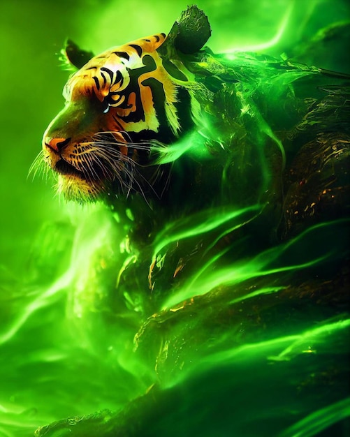 A tiger with green background