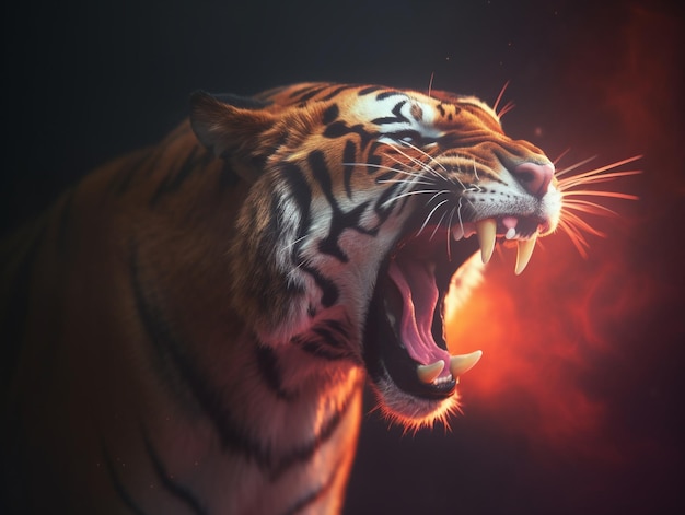 A tiger with its mouth open and a black background