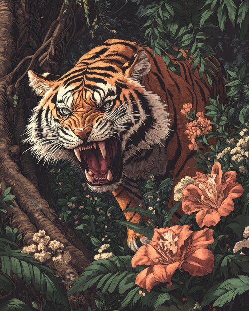 Photo a tiger with its mouth open and the tiger is in the jungle