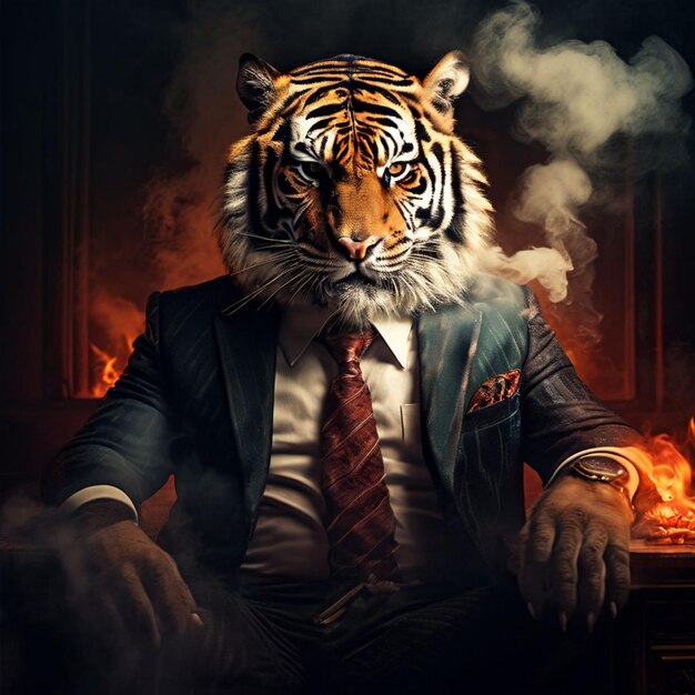 a tiger with a jacket on and a suit on the back of it