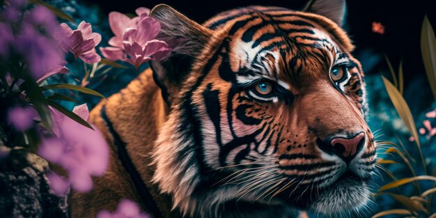 A tiger with orchids in the background Generative AI