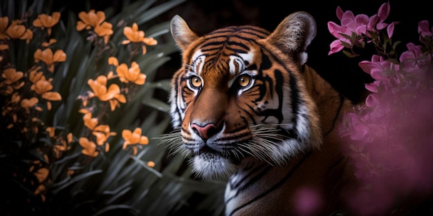 A tiger with orchids in the background Generative AI