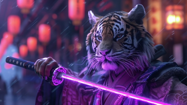 a tiger with a purple light on its face is holding a sword