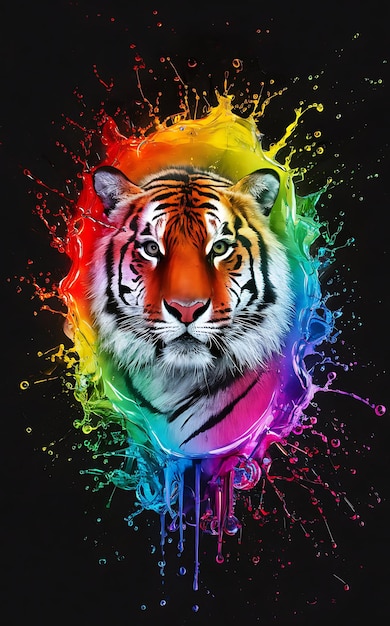 Photo a tiger with a rainbow of colors in the background