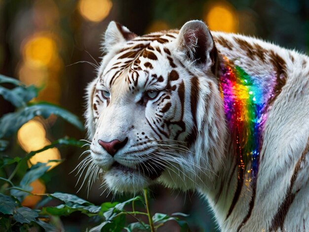 Photo a tiger with a rainbow on its head is standing in the grass