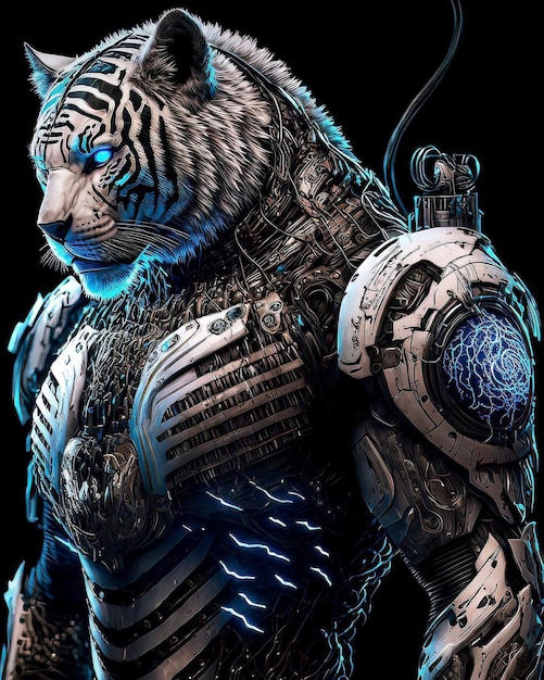 A tiger with a robot on his arm