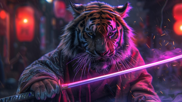 a tiger with a stick in his hand and a sword in front of him