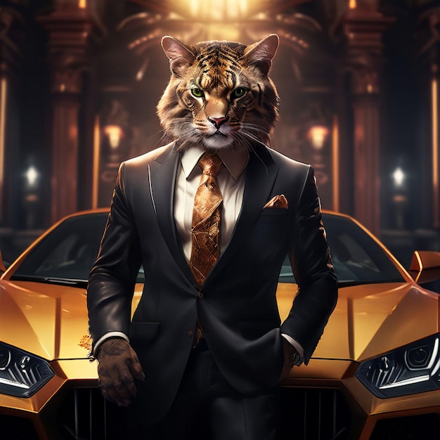 a tiger with a suit and tie stands next to a car with a man in a suit and tie