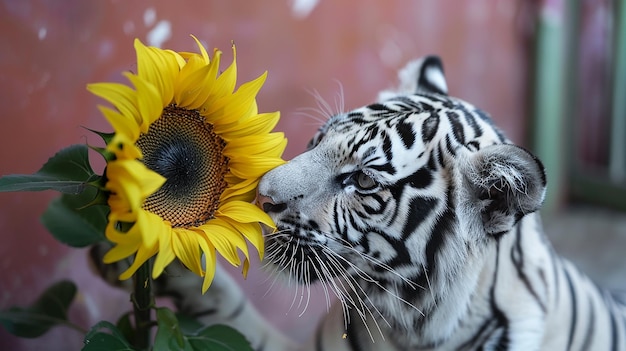 a tiger with a sunflower in his mouth