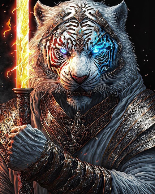 Tiger with a sword and blue eyes