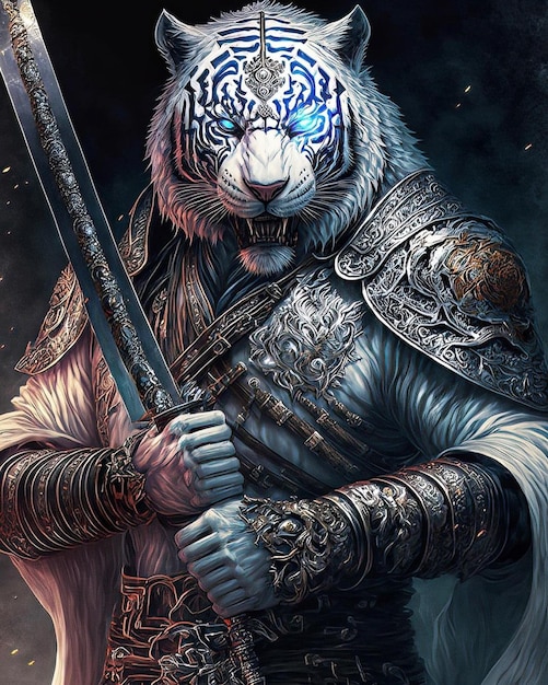 A tiger with a sword and a blue eyes.