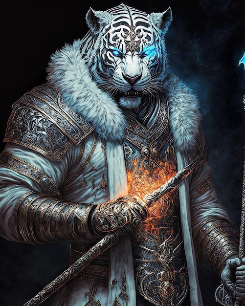 A tiger with a sword and a blue light on his face