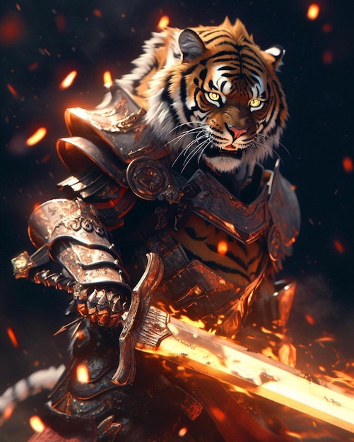 A tiger with a sword in his hands